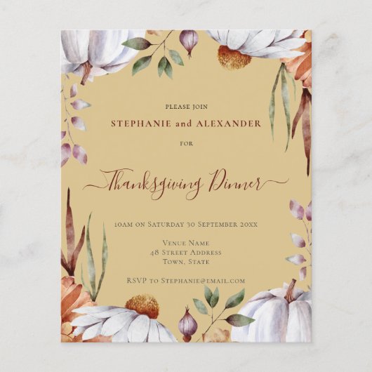 Budget Pumpkin Floral Thanksgiving Uitnodiging (Voorkant)