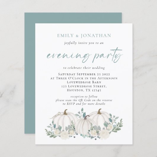 Budget Pumpkins Blauwgroen QR Evening Party Invite (Voorkant / Achterkant)