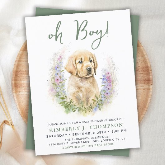 Budget Puppy Dog Modern Sage Green Baby shower Inv