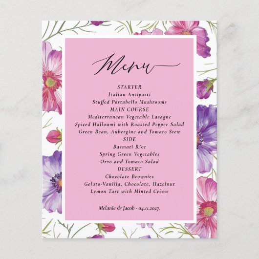 Budget Purple and Pink Floral Wedding  Menu (Voorkant)
