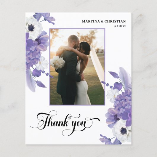 Budget Purple Floral Wedding Flat Thank you Card (Voorkant)