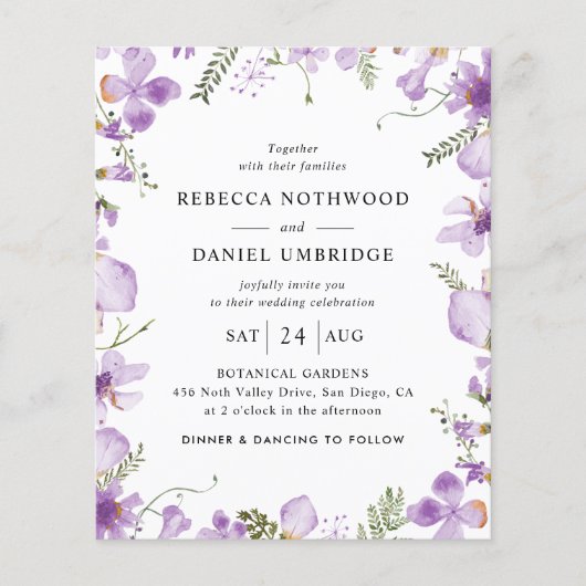 Budget Purple Flowers Simple Wedding Invitation (Voorkant)