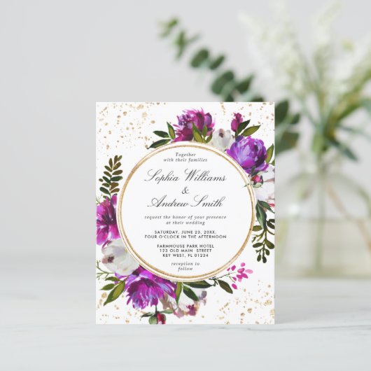 Budget Purple Flowers Wreator Wedding Invitation (Staand voorkant)