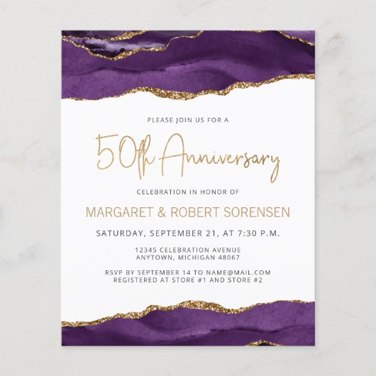 Budget Purple Gold Agate 50th Anniversary Invite (Voorkant)