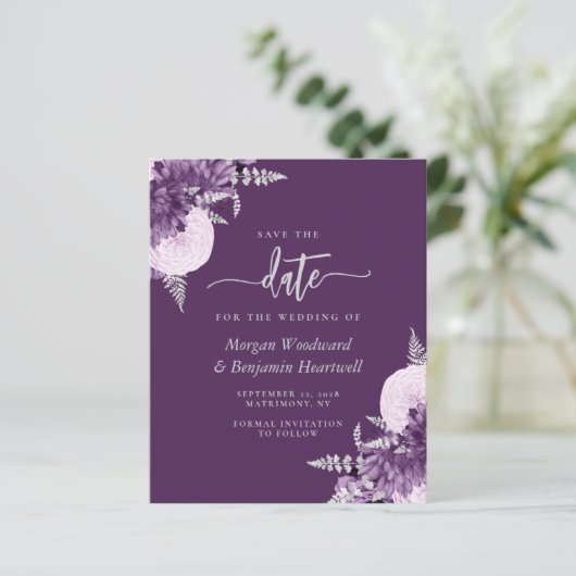 Budget Purple Lilac Silver Floral Save the Date (Staand voorkant)