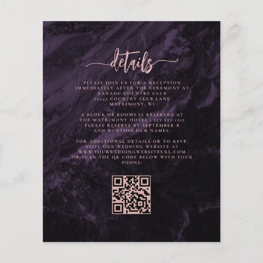 Budget Purple Rose Gold Floral QR Code Wedding (Achterkant)