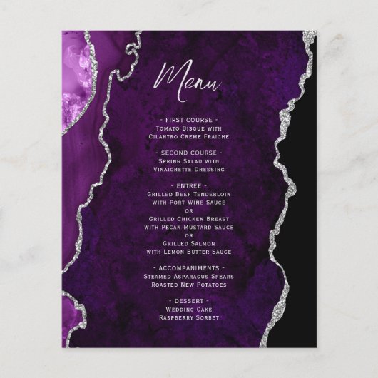 Budget Purple Silver Agate Wedding Menu (Voorkant)