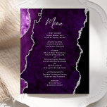 Budget Purple Silver Agate Wedding Menu<br><div class="desc">This elegant modern wedding menu features a purple watercolor agate background trimmed with faux silver glitter. The customizable text combines silver gray handwriting script and copperplate fonts. The reverse side features a matching purple and silver agate design.</div>