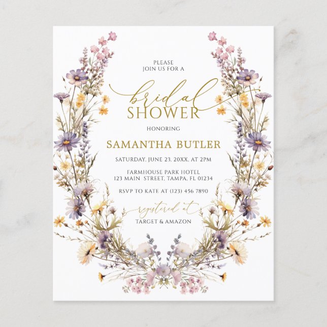 Budget Purple Wildflowers Bridal Shower Invitation (Voorkant)