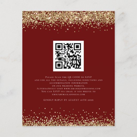 Budget QR Burgundy Gold Glitter Wedding Invite (Achterkant)