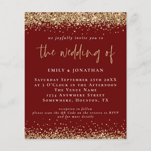 Budget QR Burgundy Gold Glitter Wedding Invite (Voorkant)