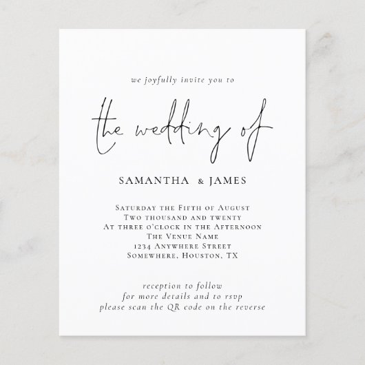 Budget QR Code Black White Weduwen Uitnodiging (Voorkant)