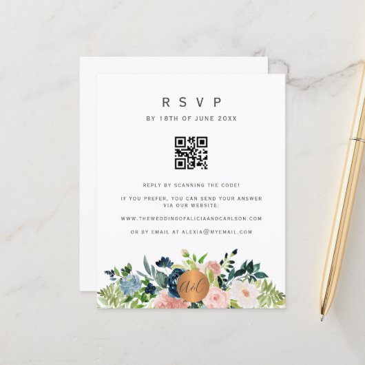 Budget QR CODE bloemige elegante uitnodiging RSVP (Voorkant / Achterkant in situ)