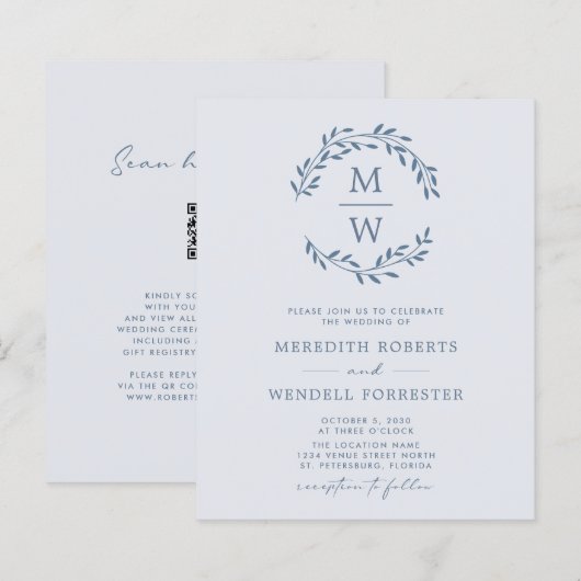 Budget QR Code Deusty Blue Monogram Weddenschap Ui (Voorkant / Achterkant)