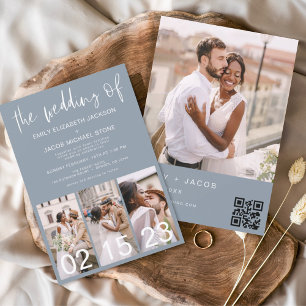Budget QR Code Dusty Blue bruiloft uitnodiging