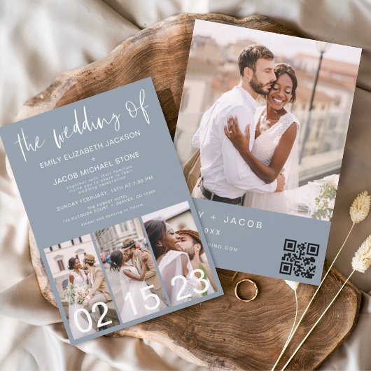 Budget QR Code Dusty Blue bruiloft uitnodiging Flyer