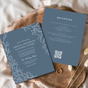 Budget QR-code Dusty Blue Leaf Wedding Invitation