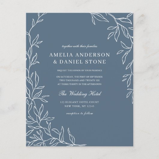 Budget QR-code Dusty Blue Leaf Wedding Invitation Flyer (Voorkant)