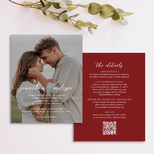 BUDGET QR-code Elegante Kranberryrode Fototrouwkaa