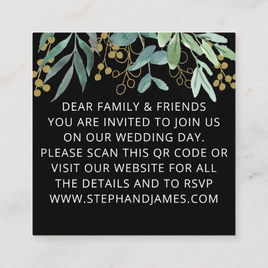 Budget QR Code Eucalyptus Black Weduwen Uitnodigin Vierkante Visitekaartje (Achterkant)