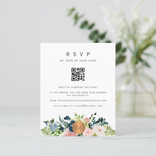 Budget QR CODE florale elegant uitnodiging RSVP (Staand voorkant)