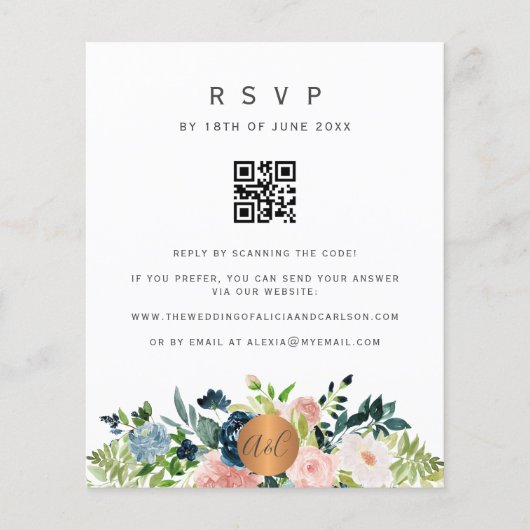 Budget QR CODE florale elegant uitnodiging RSVP (Voorkant)