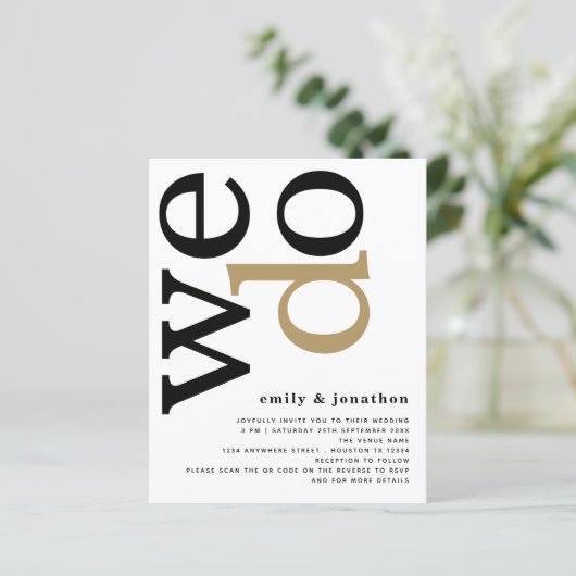 BUDGET QR Code Gold Black White Weduwen Uitnodigen (Staand voorkant)