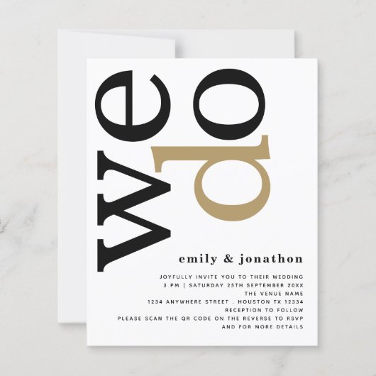 BUDGET QR Code Gold Black White Weduwen Uitnodigen (Voorkant)