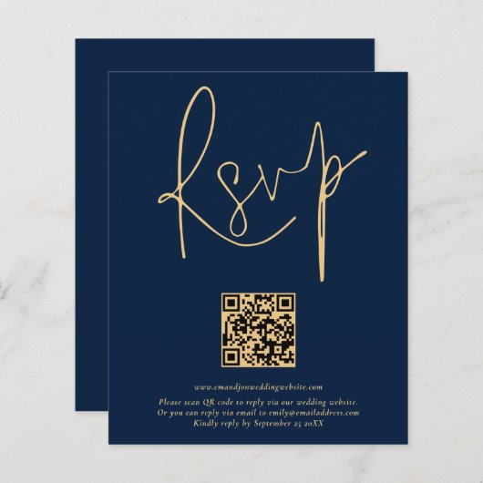 Budget QR Code Gold Navy Blue Script Weduwend RSVP (Voorkant / Achterkant)