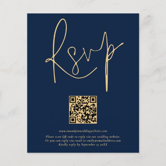 Budget QR Code Gold Navy Blue Script Weduwend RSVP (Voorkant)
