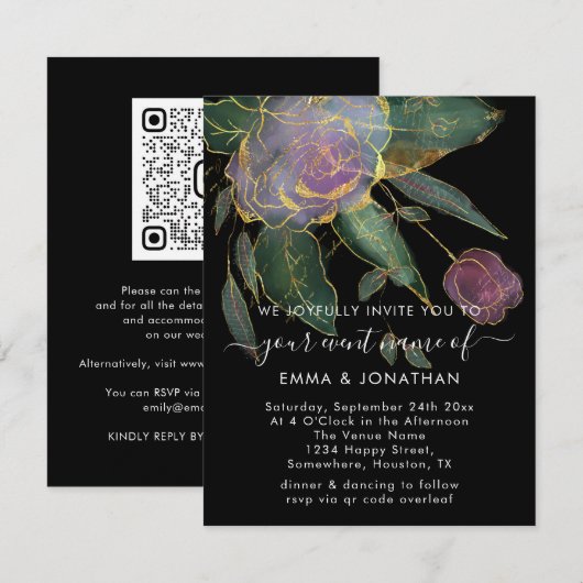 Budget QR Code Marsala Gold Flowers Black (Voorkant / Achterkant)