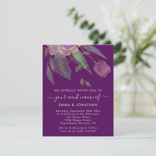 Budget QR Code Marsala Gold Flowers Paars (Staand voorkant)