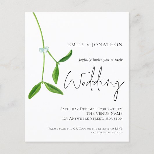 Budget QR Code Mistletoe kerstbruiloft Uitnodiging (Voorkant)