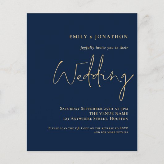 Budget QR Code Navy Gold Script Weddenschap (Voorkant)