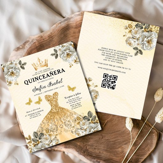 Budget QR-code Quinceanera Floral Gold Princess Flyer