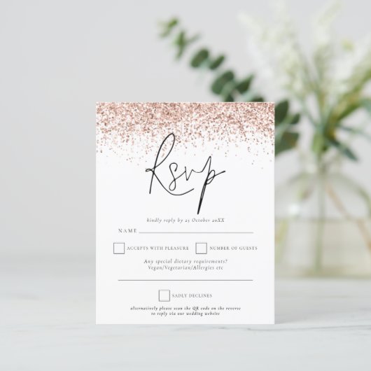 Budget QR Code Roos Gold Glitter Weddenschap RSVP (Staand voorkant)