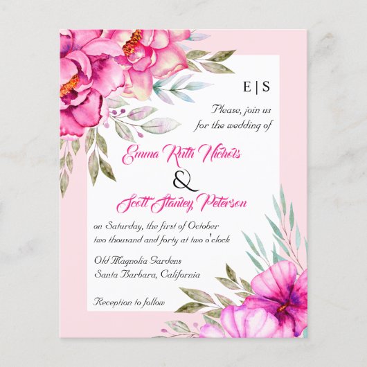 BUDGET QR code roze bloemen bruiloft uitnodiging (Voorkant)