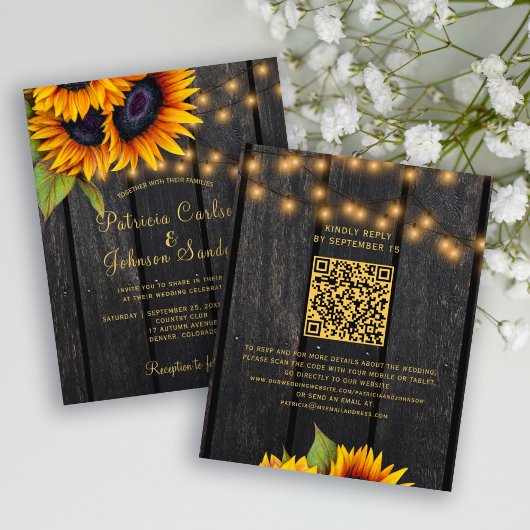 Budget QR-code rustieke zonnebloem trouwuitnodigin