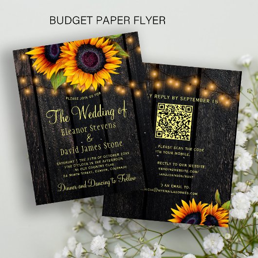 Budget QR-code rustieke zonnebloem trouwuitnodigin Flyer