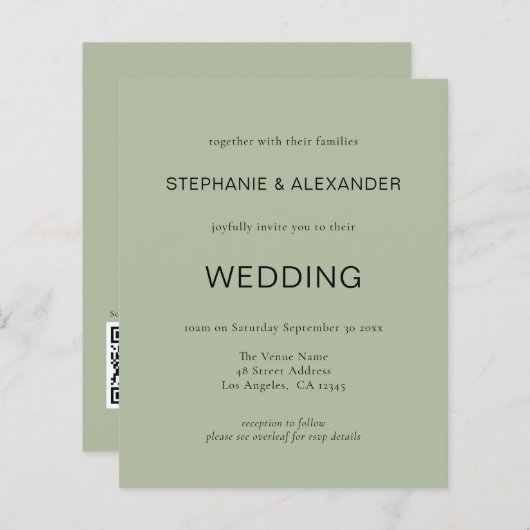 Budget QR Code Sage Green Wedding Invite (Voorkant / Achterkant)