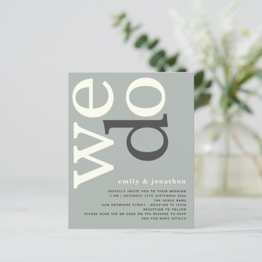 BUDGET QR code Sage Ivory Text Weddenschap Uitnodi (Staand voorkant)