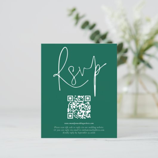 Budget QR Code Script Bruiloft Smaragd RSVP (Staand voorkant)