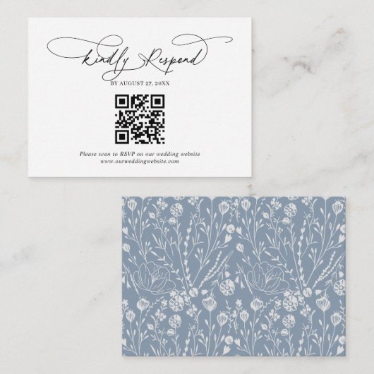 Budget QR Code Script Floral Dusty Blue Wedding Informatiekaartje (Voorkant / Achterkant)
