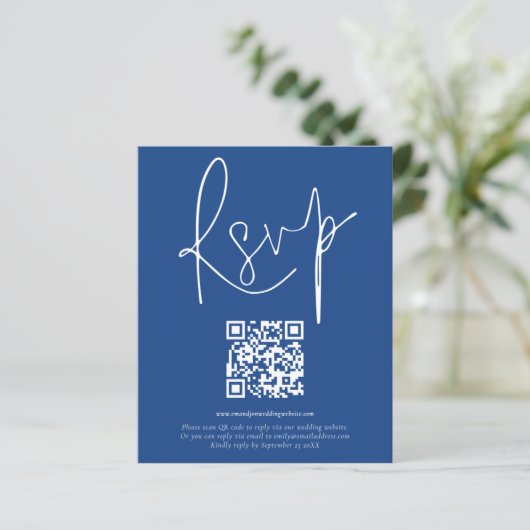 Budget QR Code Script Weduwend Blue RSVP (Staand voorkant)