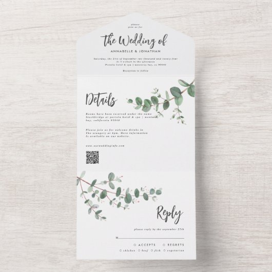 Budget QR Code Weddenschap Eucalyptus botanische m All In One Uitnodiging (Binnen)