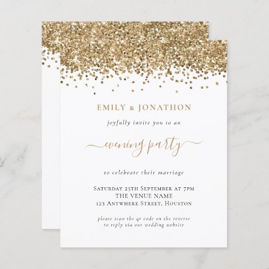 Budget QR Gold Glitter Evening Wedding Invite (Voorkant / Achterkant)