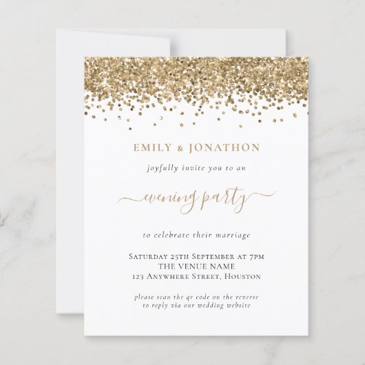 Budget QR Gold Glitter Evening Wedding Invite (Voorkant)