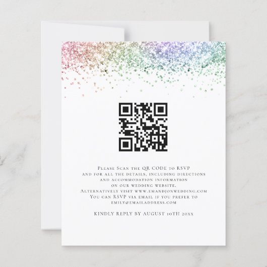 Budget QR Rainbow Glitter Evening Wedding Invite (Achterkant)