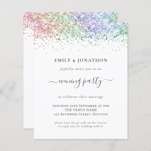 Budget QR Rainbow Glitter Evening Wedding Invite (Voorkant / Achterkant)