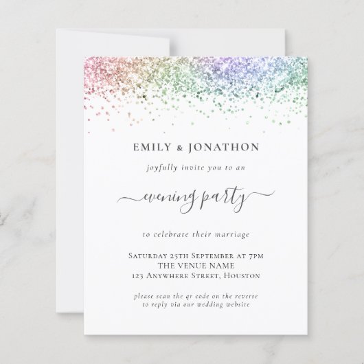 Budget QR Rainbow Glitter Evening Wedding Invite (Voorkant)